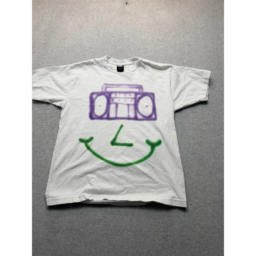 Obey Mens White Spray Paint Boombox Smiley Face Graphic T-Shirt Small